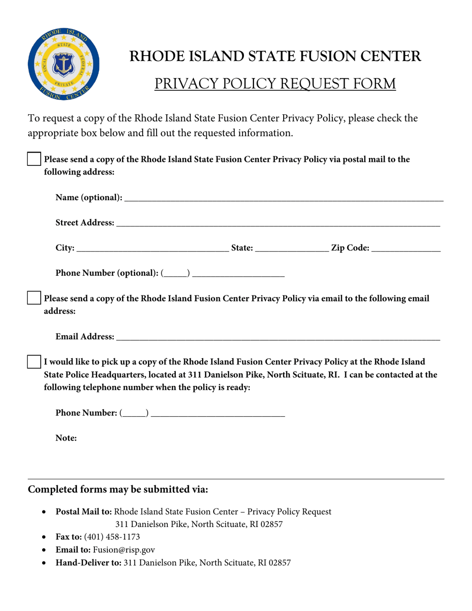 Privacy Policy Request Form - Rhode Island, Page 1
