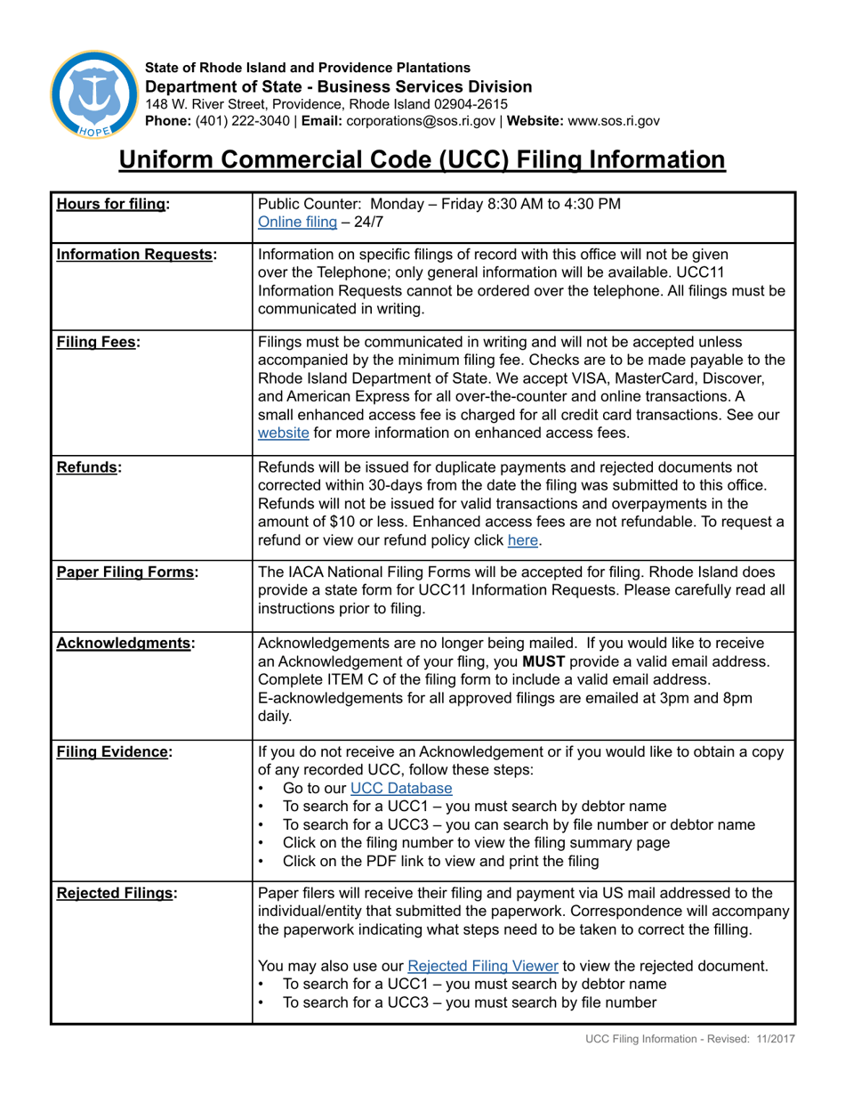 Form UCC11 Uniform Commercial Code (Ucc) Information Request - Rhode Island, Page 1