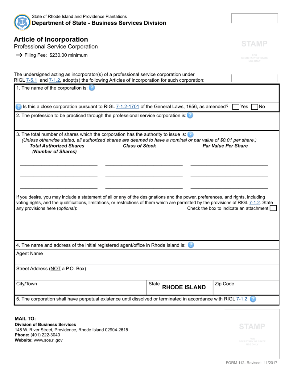 Form 112 Articles of Incorporation for a Domestic Professional Service Corporation - Rhode Island, Page 3
