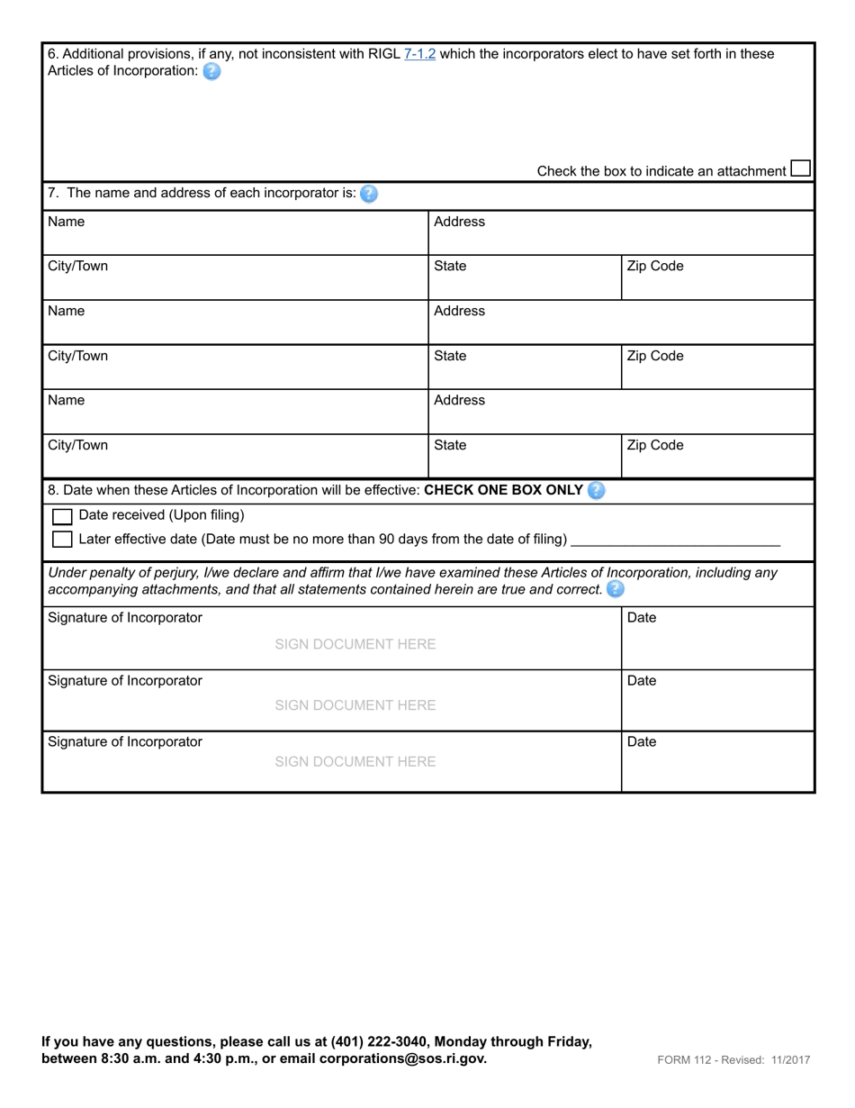 Form 112 Articles of Incorporation for a Domestic Professional Service Corporation - Rhode Island, Page 4