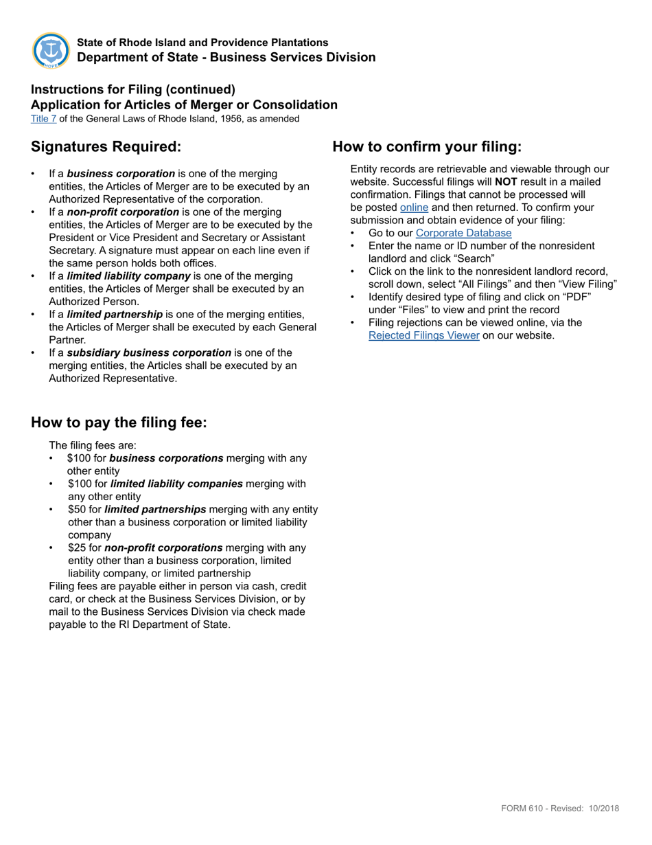 Form 610 Application for Articles of Merger - Rhode Island, Page 2