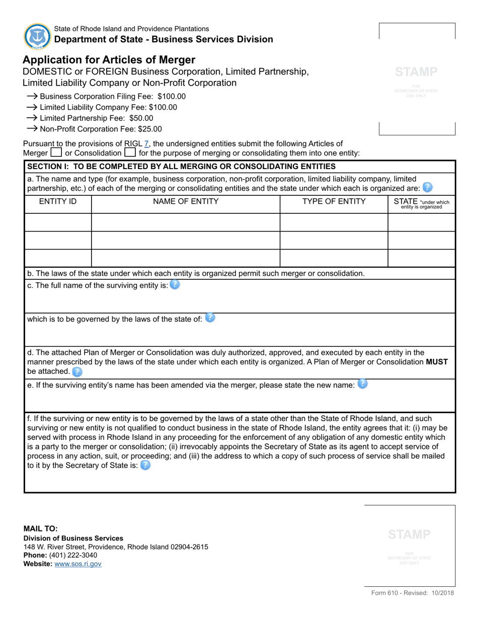 Form 610 Application for Articles of Merger - Rhode Island, Page 3