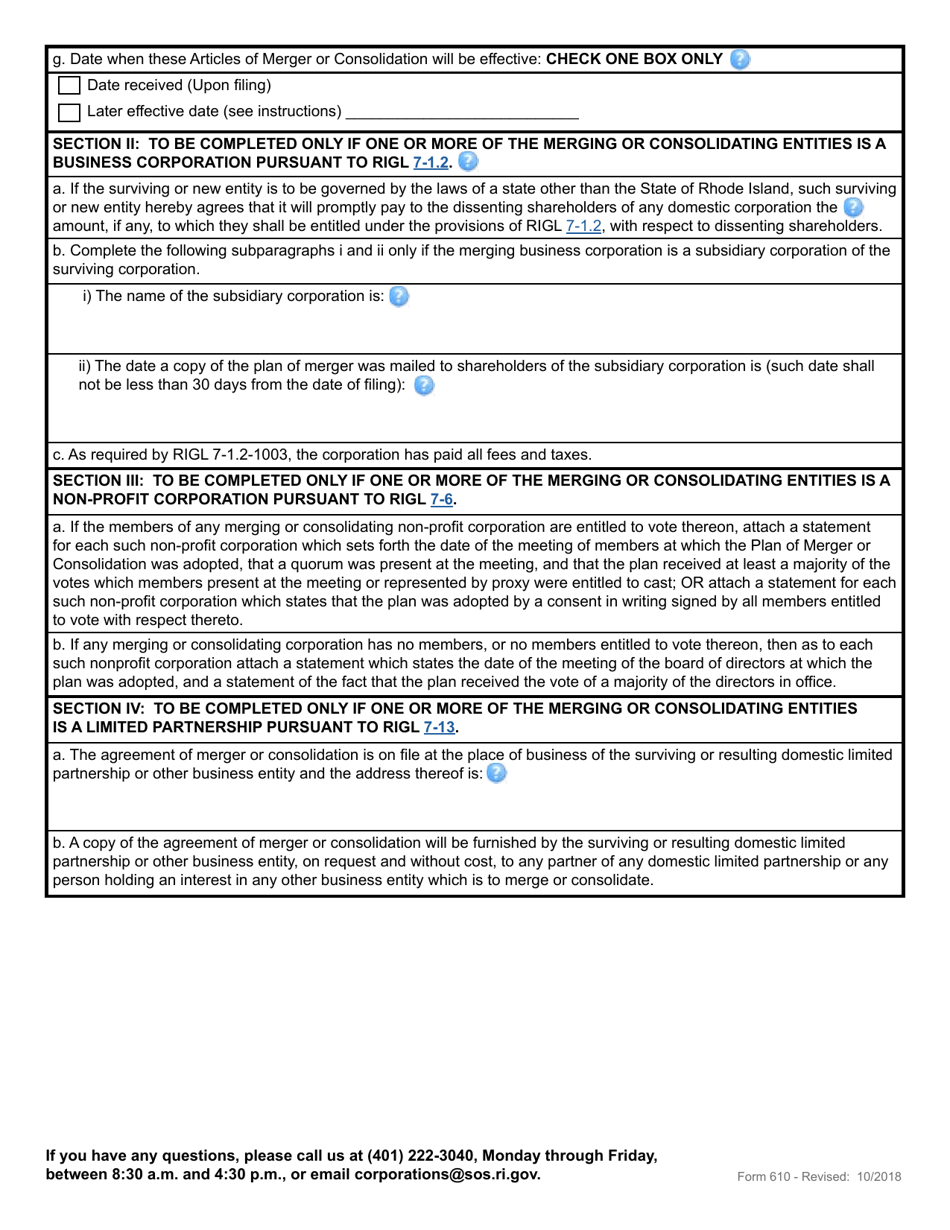Form 610 Application for Articles of Merger - Rhode Island, Page 4