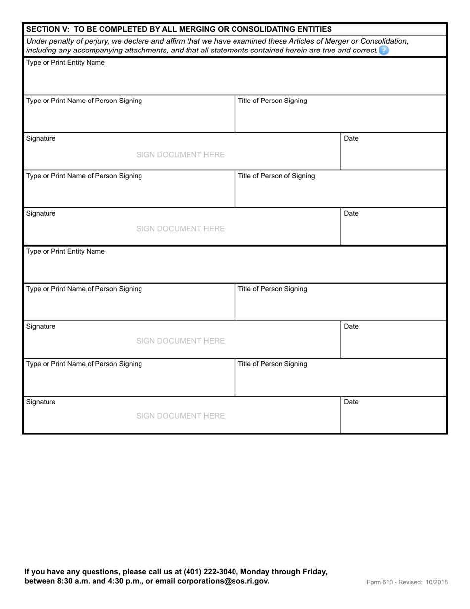 Form 610 Application for Articles of Merger - Rhode Island, Page 5