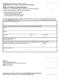 Form 621 Notice of Transfer of Reserved Name - Rhode Island, Page 2