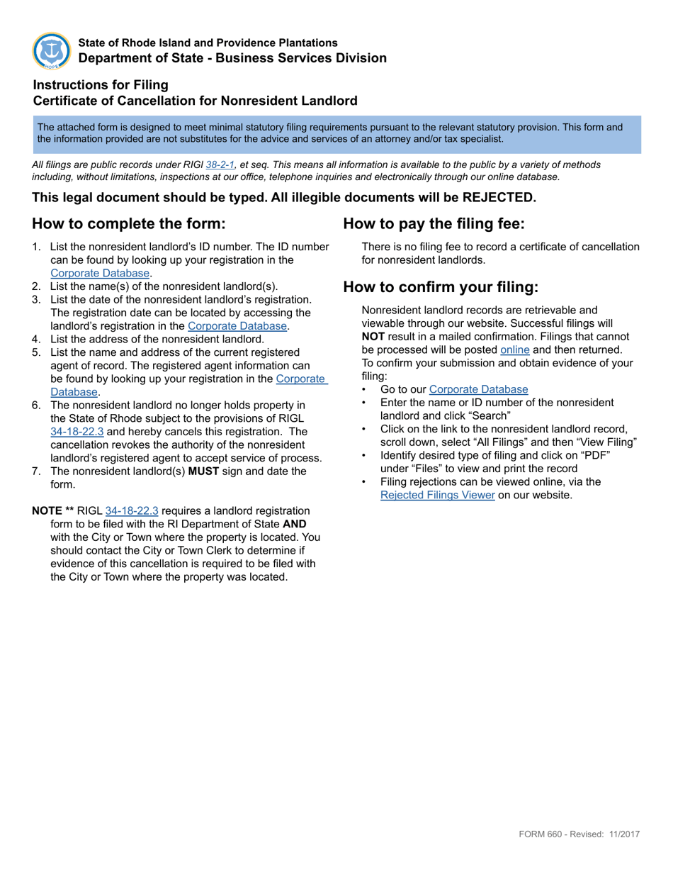 Form 660 Certificate of Cancellation for Nonresident Landlord - Rhode Island, Page 1