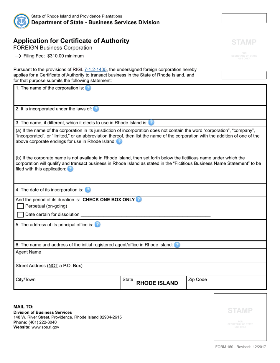 Form 150 Application for Certificate of Authority by a Foreign Business Corporation - Rhode Island, Page 3