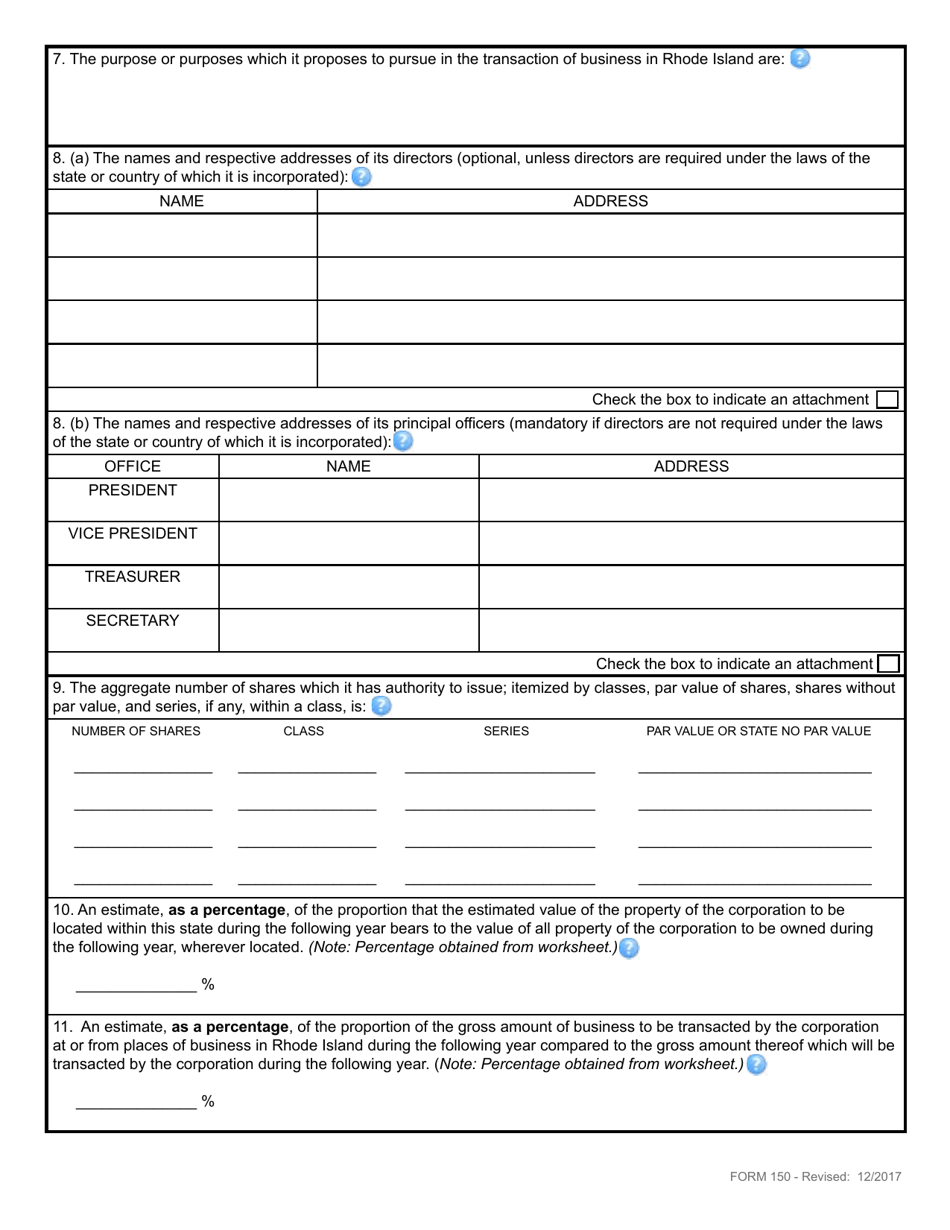 Form 150 Application for Certificate of Authority by a Foreign Business Corporation - Rhode Island, Page 4