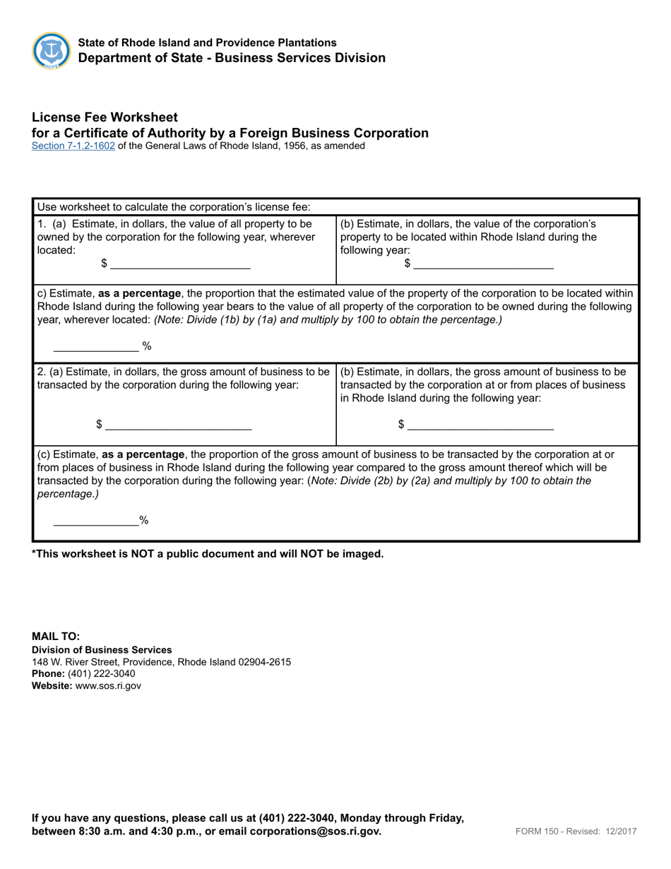 Form 150 Application for Certificate of Authority by a Foreign Business Corporation - Rhode Island, Page 6