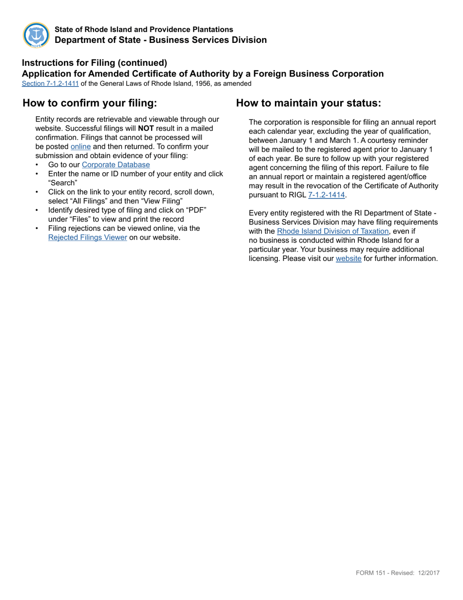 Form 151 Application for Amended Certificate of Authority by a Foreign Business Corporation - Rhode Island, Page 2