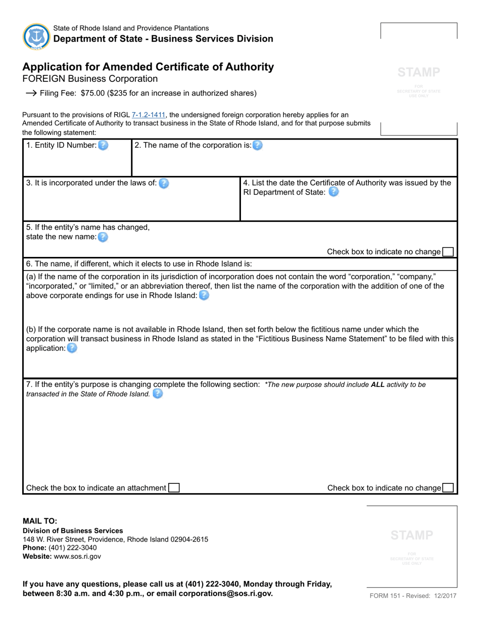Form 151 Application for Amended Certificate of Authority by a Foreign Business Corporation - Rhode Island, Page 3