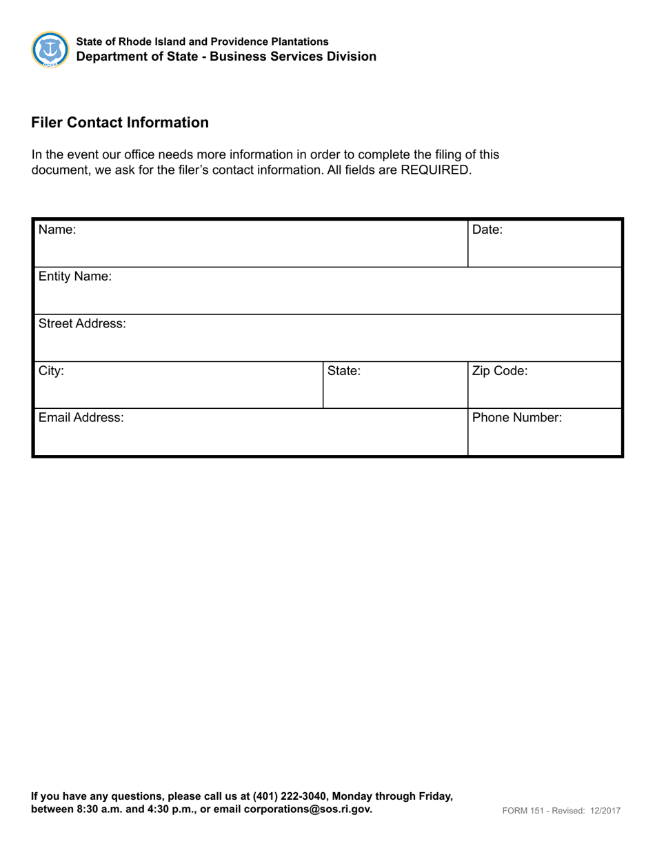 Form 151 Application for Amended Certificate of Authority by a Foreign Business Corporation - Rhode Island, Page 6