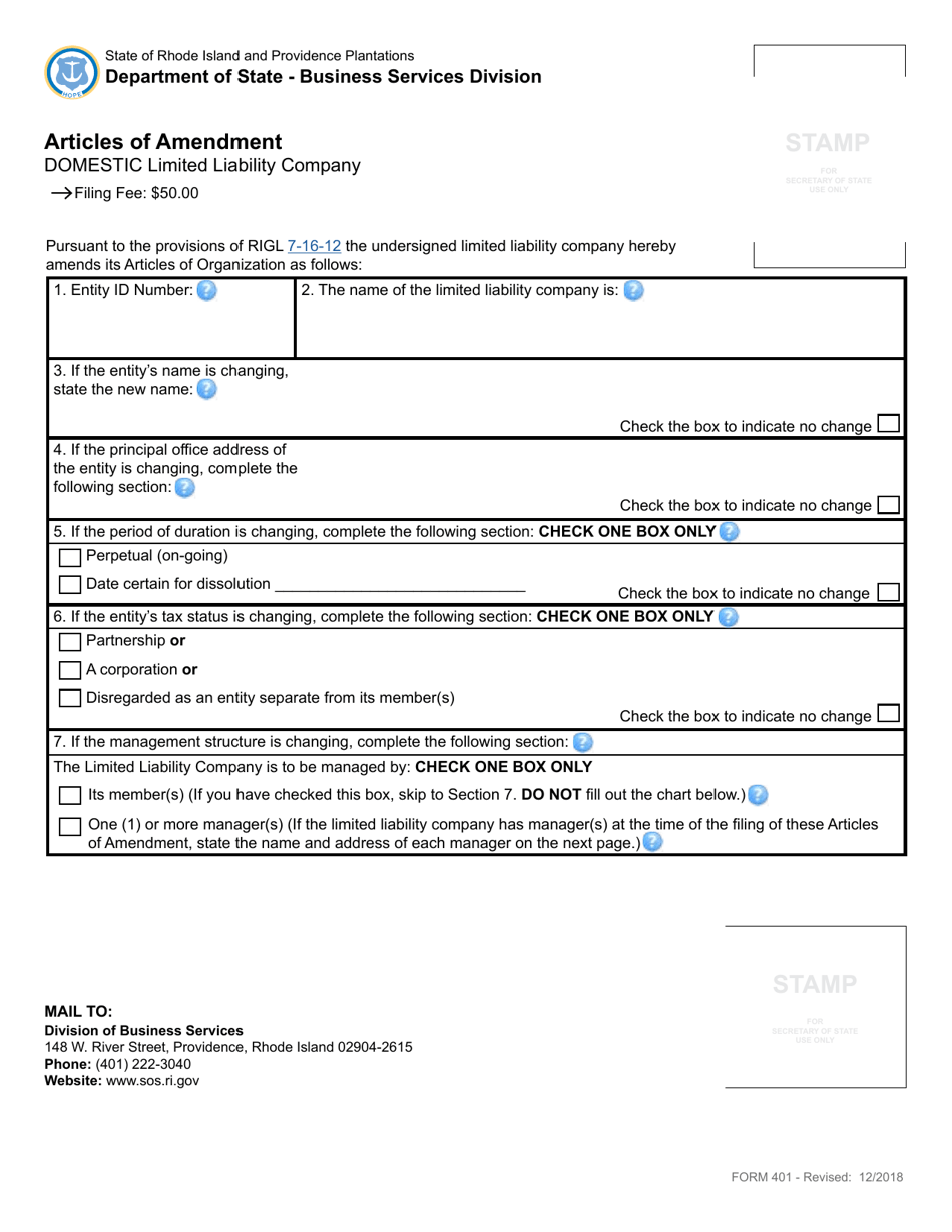 Form 401 Articles of Amendment to Articles of Organization for Domestic Limited Liability Company - Rhode Island, Page 2