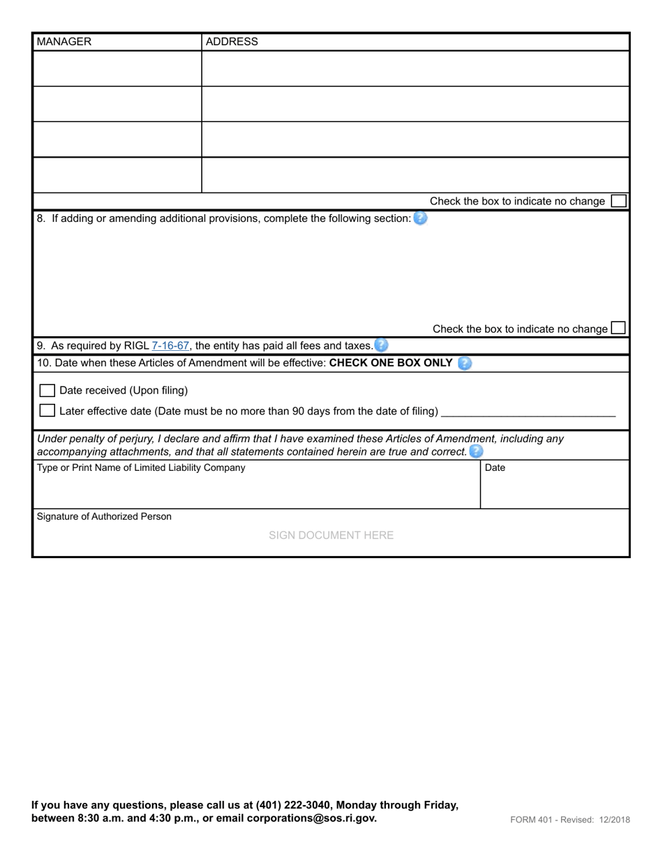 Form 401 Articles of Amendment to Articles of Organization for Domestic Limited Liability Company - Rhode Island, Page 3