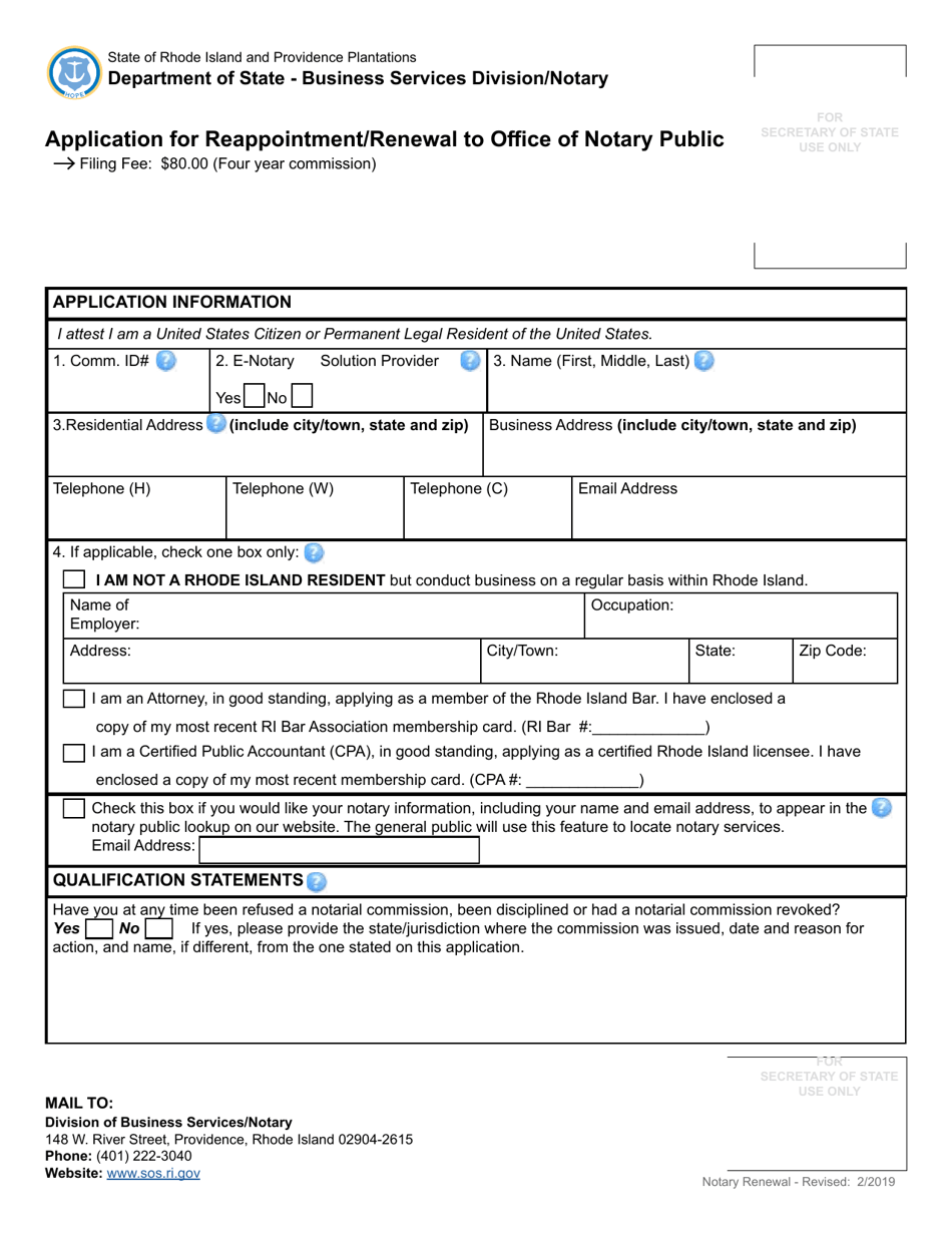 Application for Reappointment / Renewal to Office of Notary Public - Rhode Island, Page 2