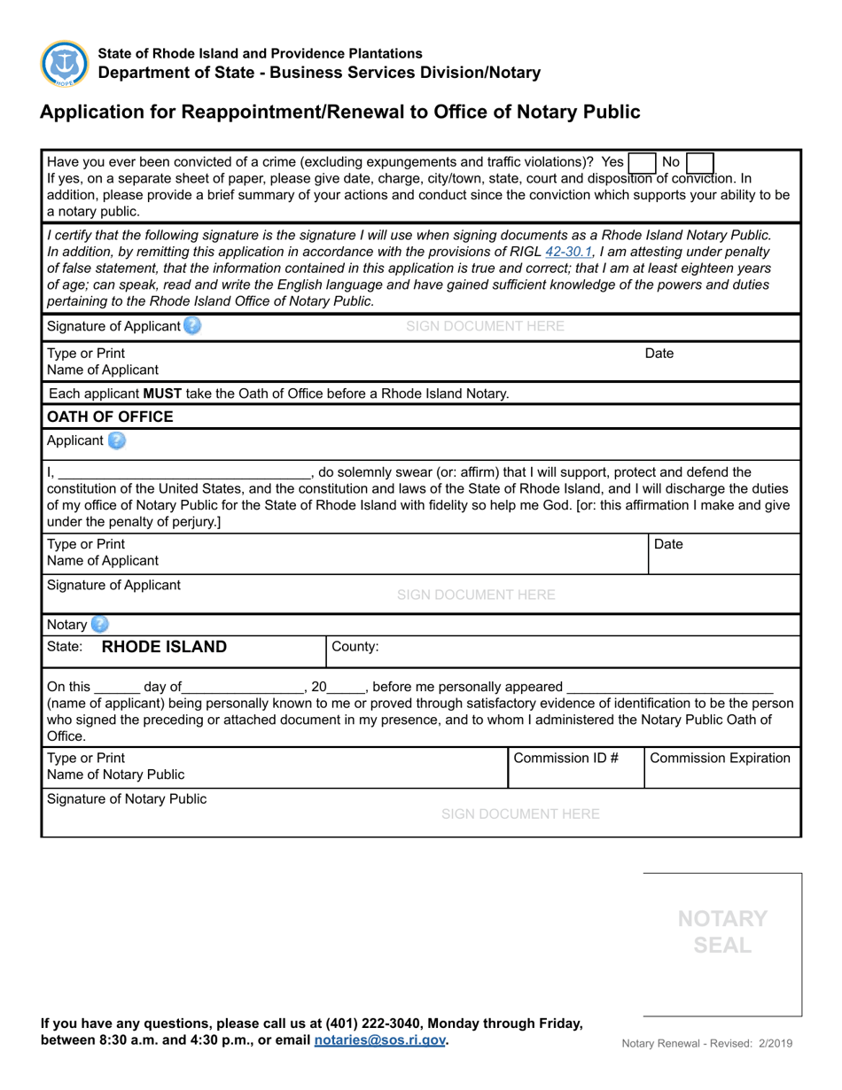 Rhode Island Application For Reappointmentrenewal To Office Of Notary Public Fill Out Sign 4667