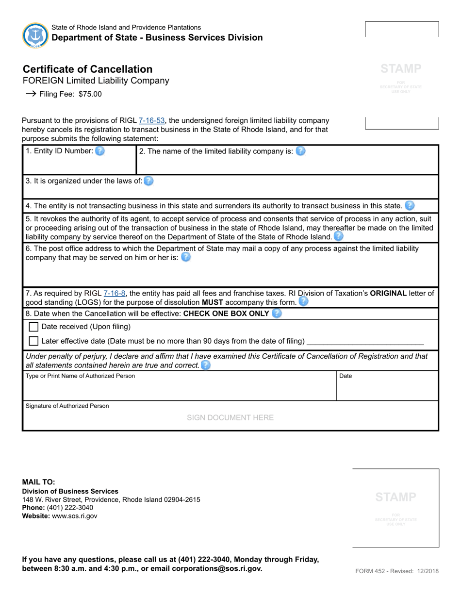 Form 452 Certificate of Cancellation of a Foreign Limited Liability Company - Rhode Island, Page 2