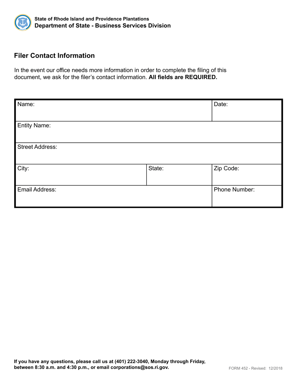 Form 452 Certificate of Cancellation of a Foreign Limited Liability Company - Rhode Island, Page 3