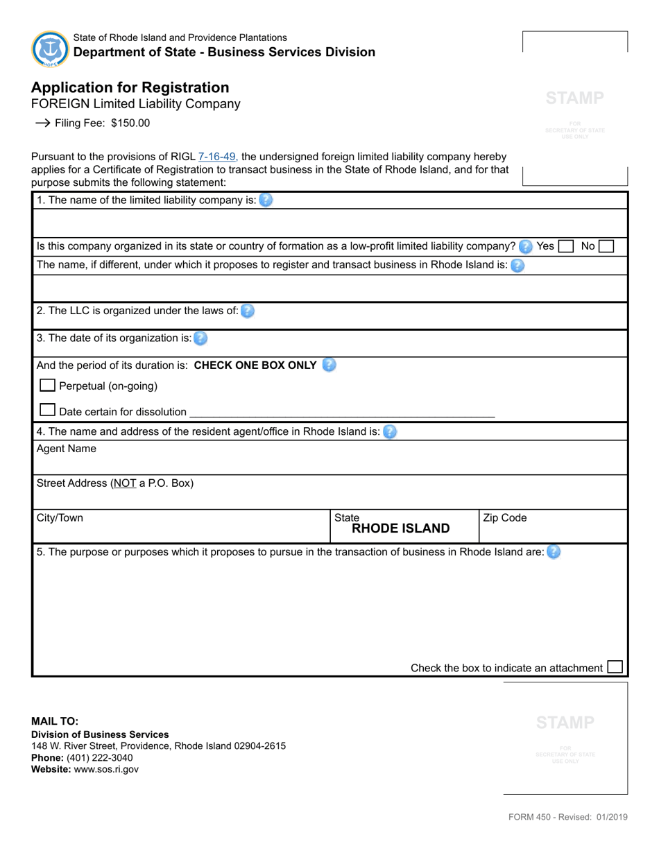 Form 450 Application for Registration for a Foreign Limited Liability Company - Rhode Island, Page 3