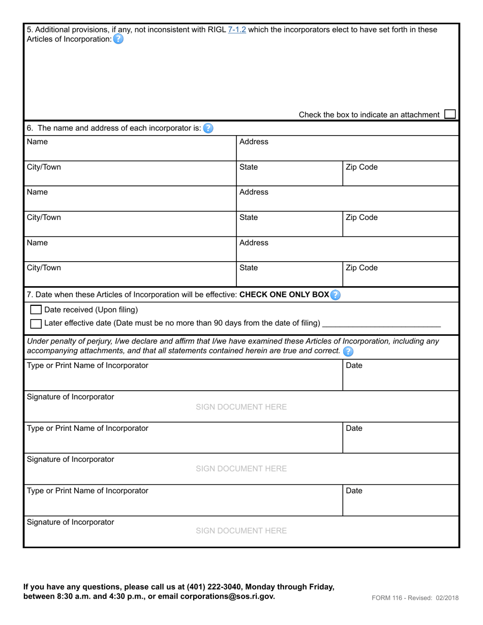 Form 116 Articles of Incorporation for a Domestic Workers Cooperative - Rhode Island, Page 3