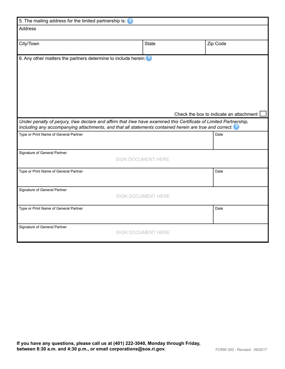 Form 300 Certificate of Limited Partnership for a Limited Partnership - Rhode Island, Page 3