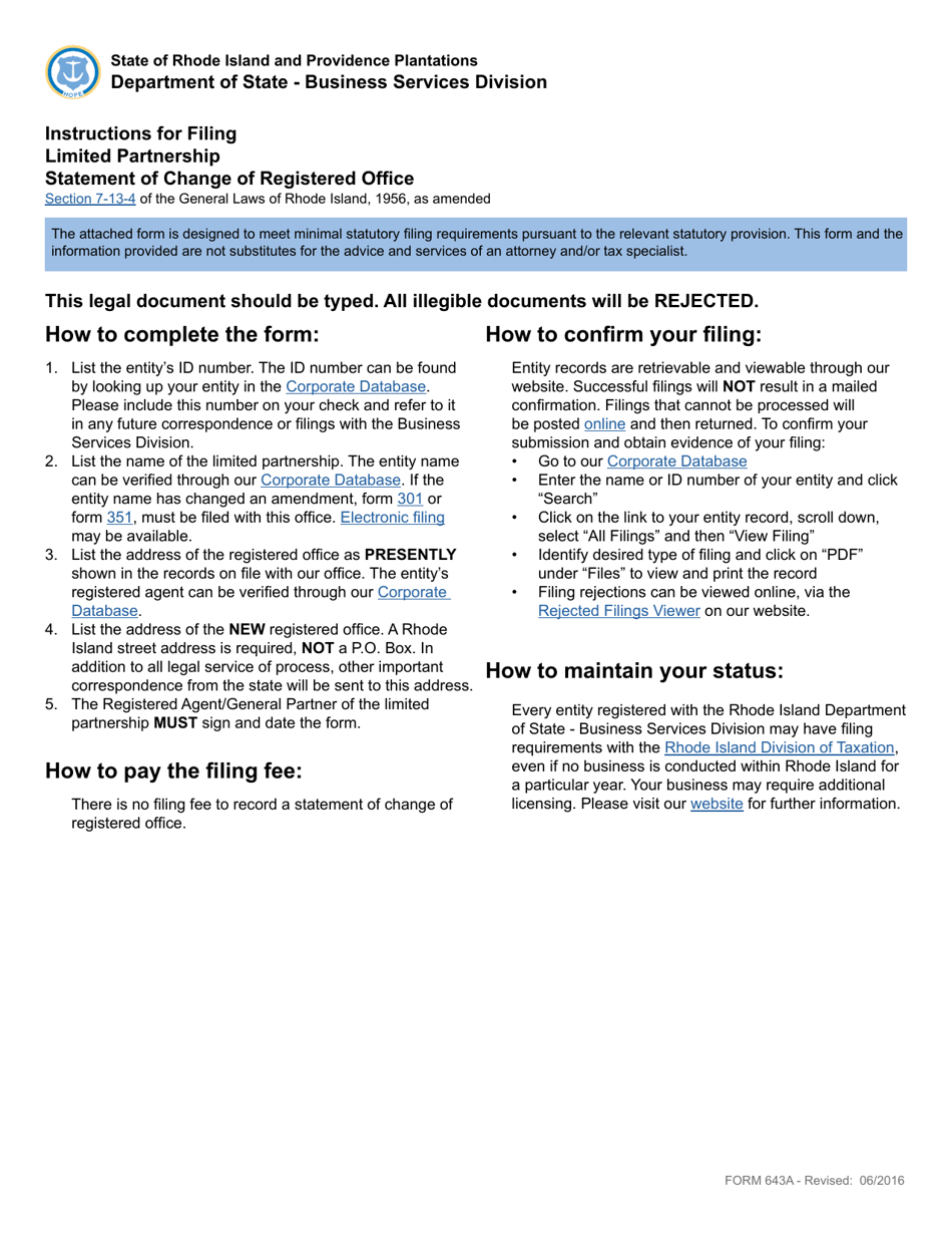 Form 643A Fill Out, Sign Online and Download Fillable PDF, Rhode