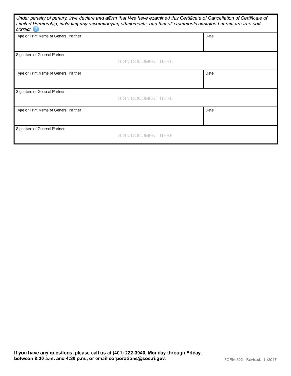 Form 302 Certificate of Cancellation - Domestic Limited Partnership - Rhode Island, Page 3