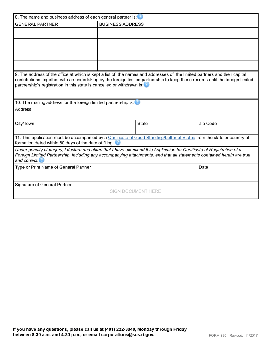 Form 350 Application for Certificate of Registration for a Limited Partnership - Rhode Island, Page 4