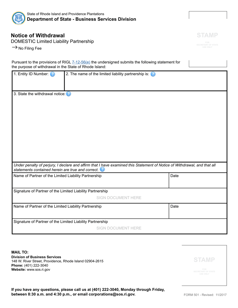 Form 501 Statement of Notice of Withdrawal for a Limited Liability Partnership - Rhode Island, Page 2