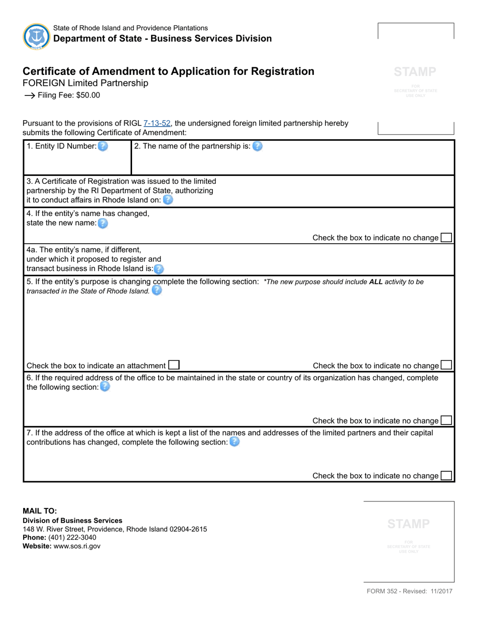 Form 352 Certificate of Amendment to Application for Registration of a Foreign Limited Partnership - Rhode Island, Page 2