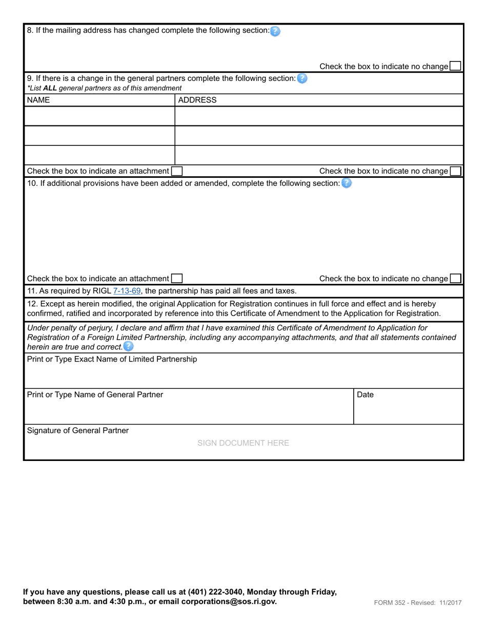 Form 352 Certificate of Amendment to Application for Registration of a Foreign Limited Partnership - Rhode Island, Page 3