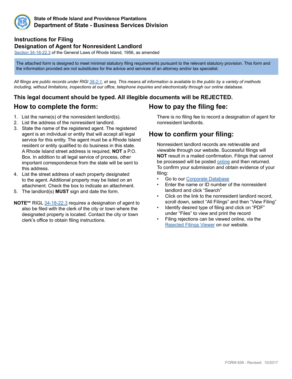Form 658 Designation of Agent for Nonresident Landlord - Rhode Island, Page 1