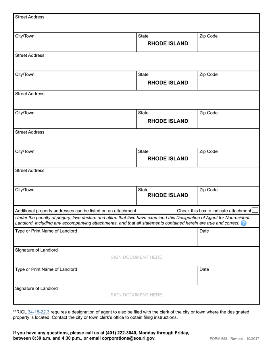 Form 658 Designation of Agent for Nonresident Landlord - Rhode Island, Page 3