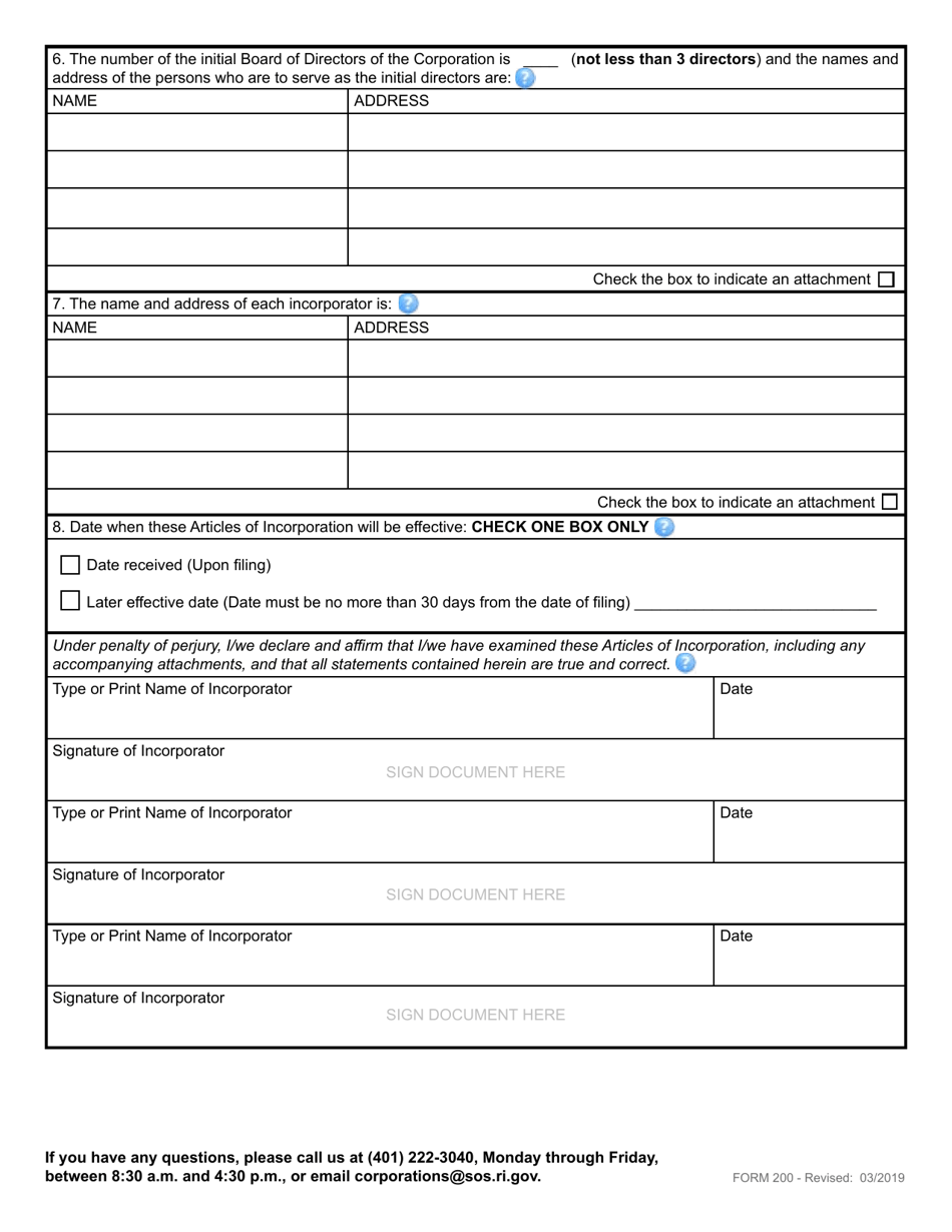 Form 200 Articles of Incorporation - Domestic Non-profit Corporation - Rhode Island, Page 3