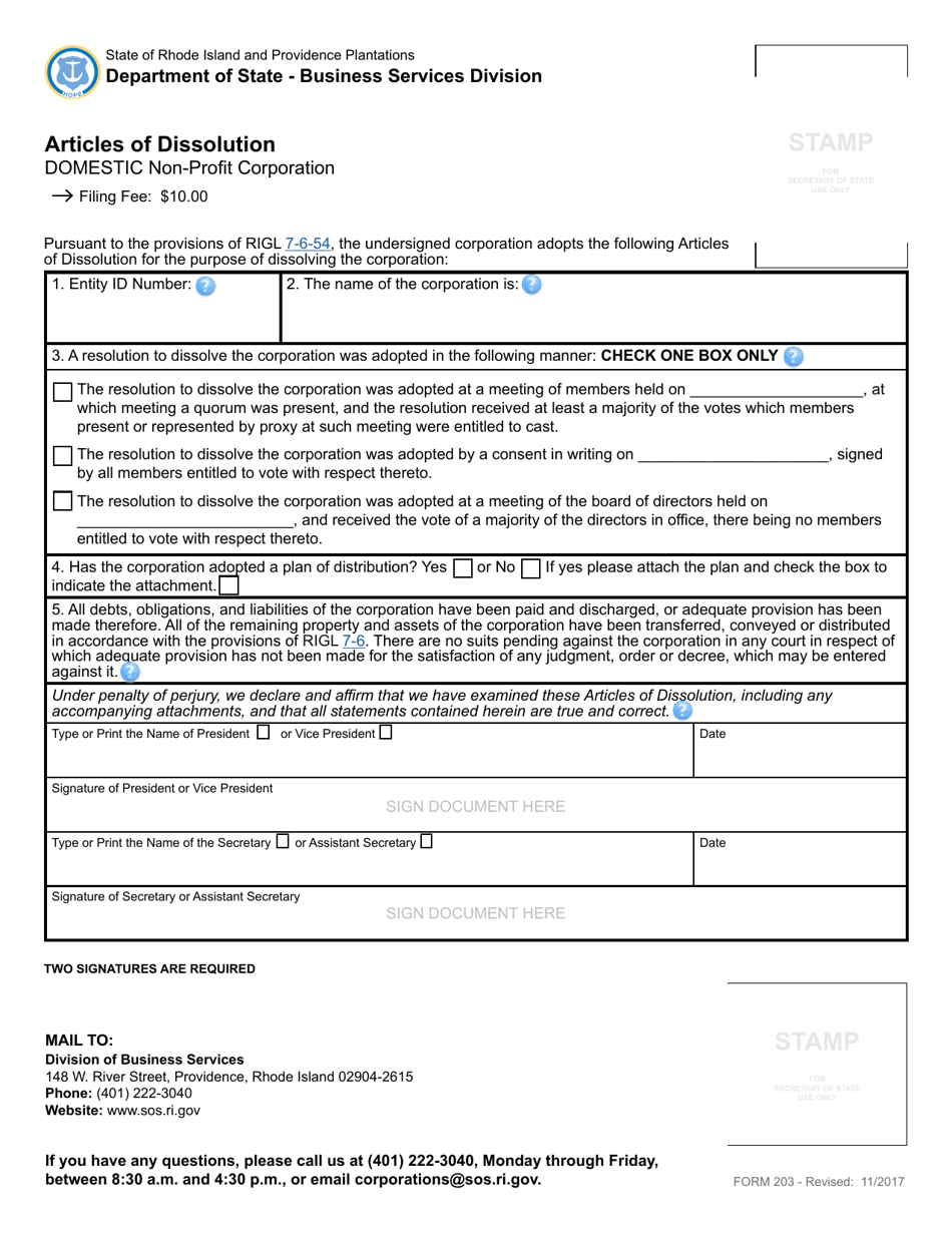 Form 203 Articles of Dissolution - Domestic Non-profit Corporation - Rhode Island, Page 2