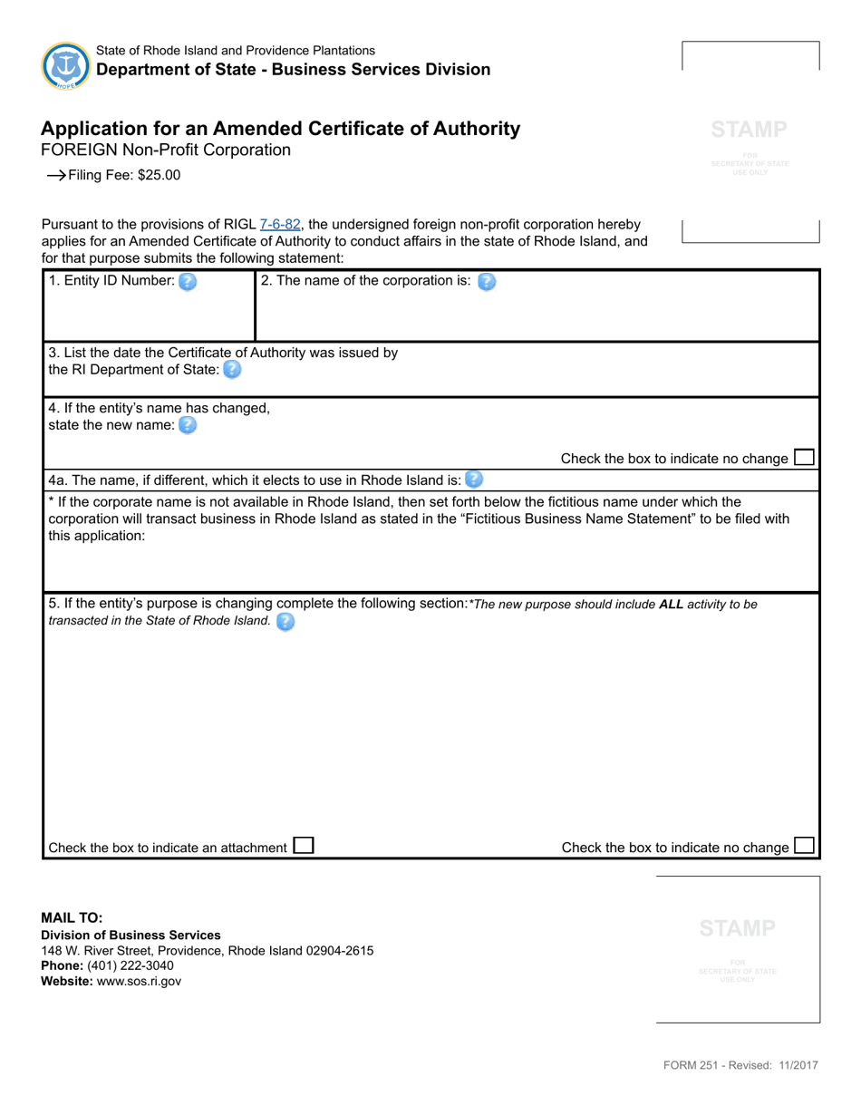 Form 251 Application for an Amended Certificate of Authority - Foreign Non-profit Corporation - Rhode Island, Page 2