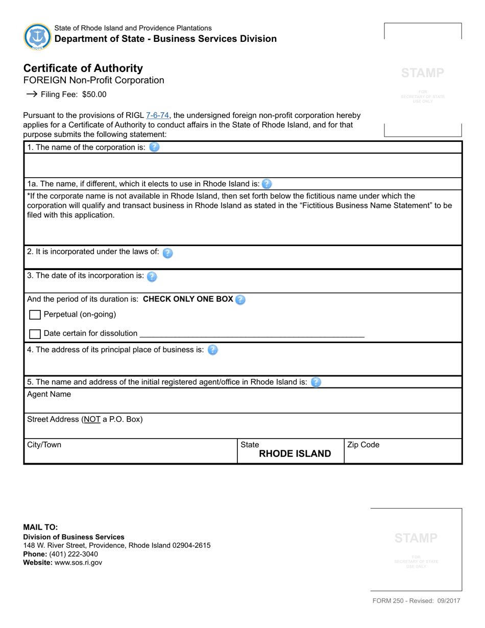 Form 250 Application for Certificate of Authority for a Non-profit Corporation - Rhode Island, Page 2