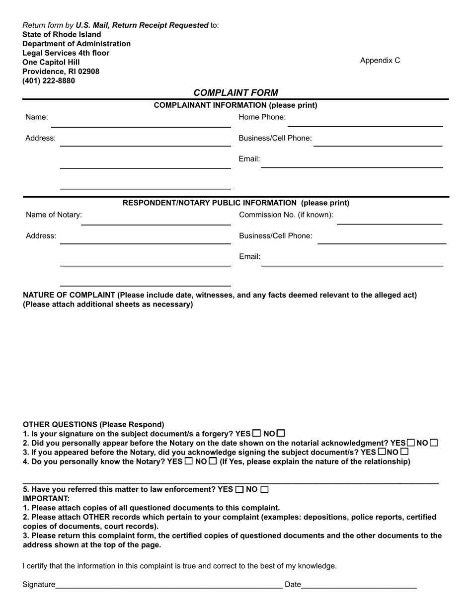 Appendix C Complaint Form - Rhode Island, Page 1