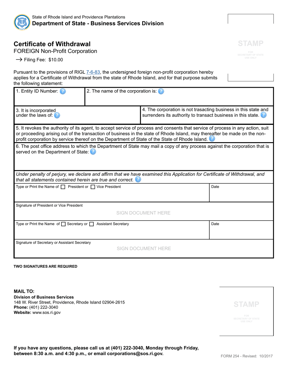 Form 254 Certificate of Withdrawal - Foreign Non-profit Corporation - Rhode Island, Page 2