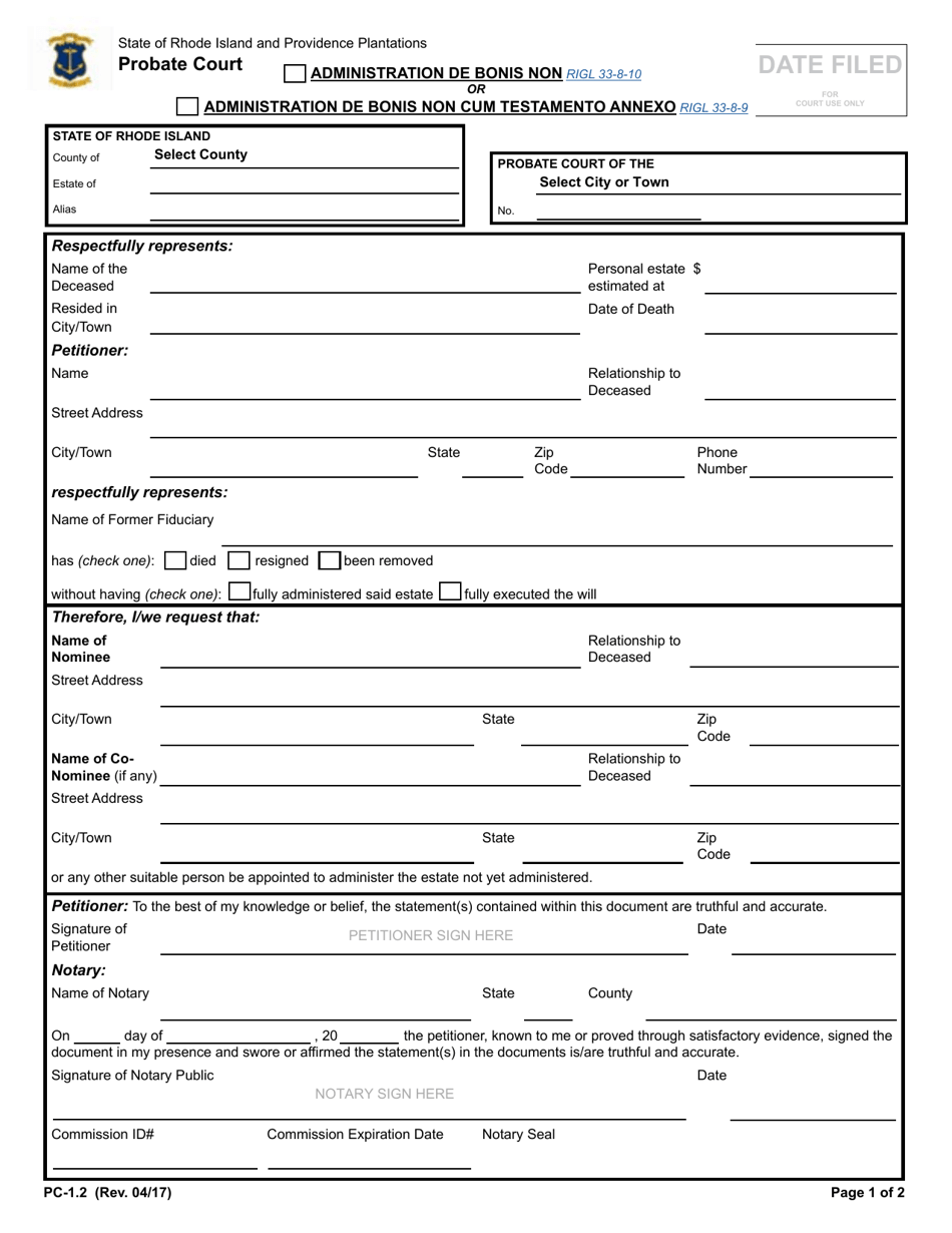 Form PC-1.2 Administration De Bonis Non or Administration De Bonis Non Cum Testamento Annexo - Rhode Island, Page 1