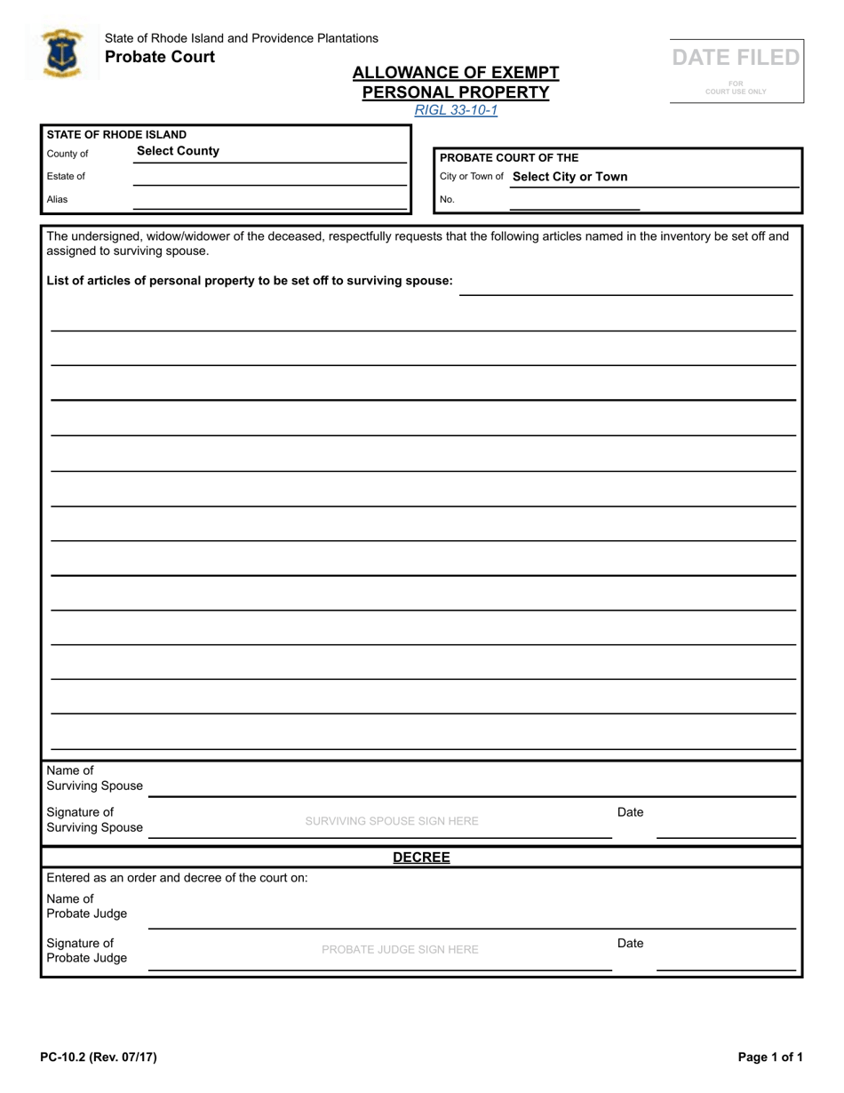 Form PC10.2 Allowance of Exempt Personal Property - Rhode Island, Page 1