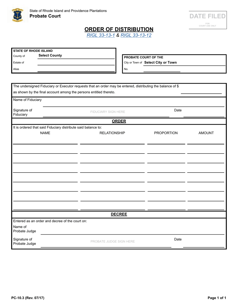 Form PC-10.3 Order of Distribution - Rhode Island, Page 1