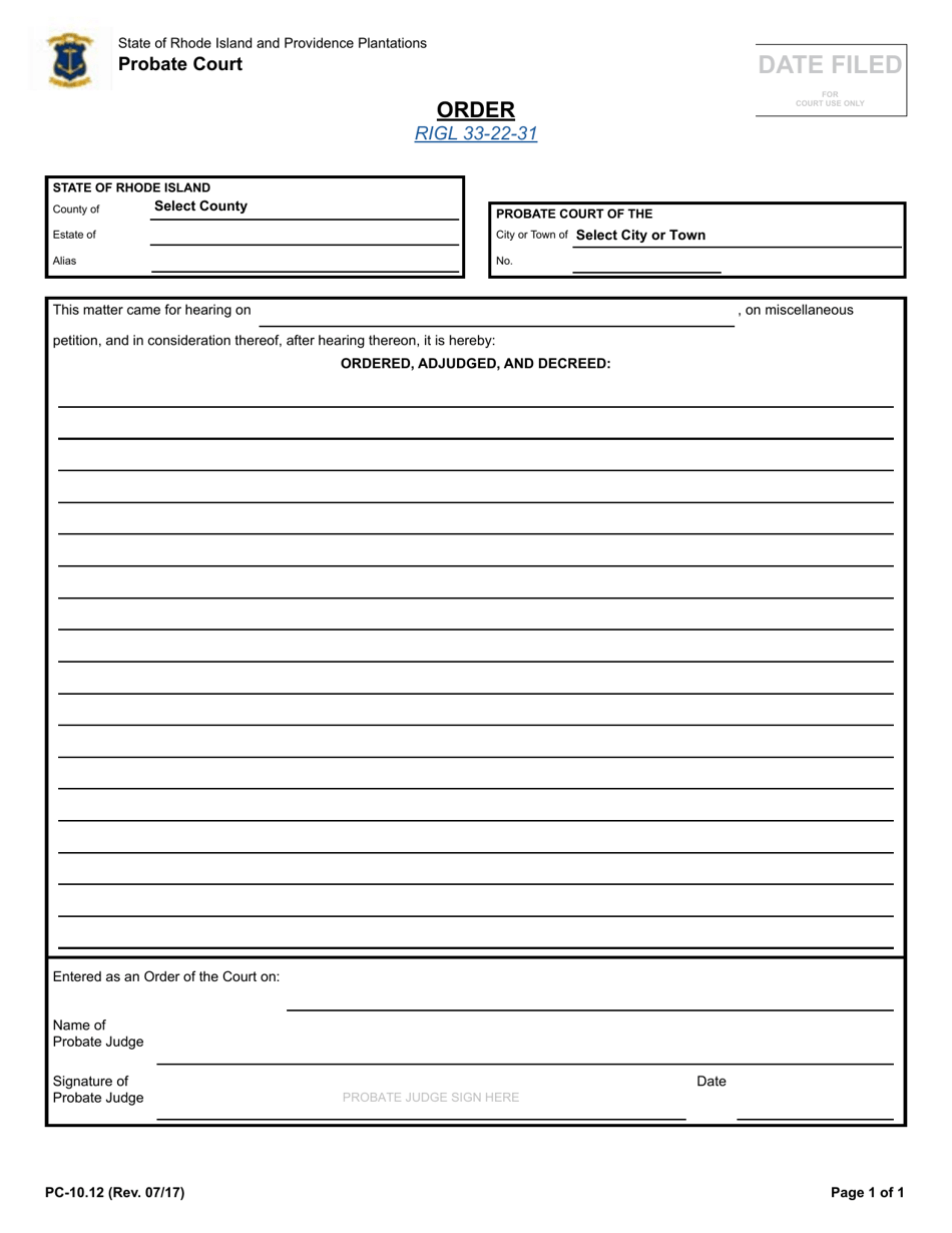 Form PC-10.12 Order - Rhode Island, Page 1