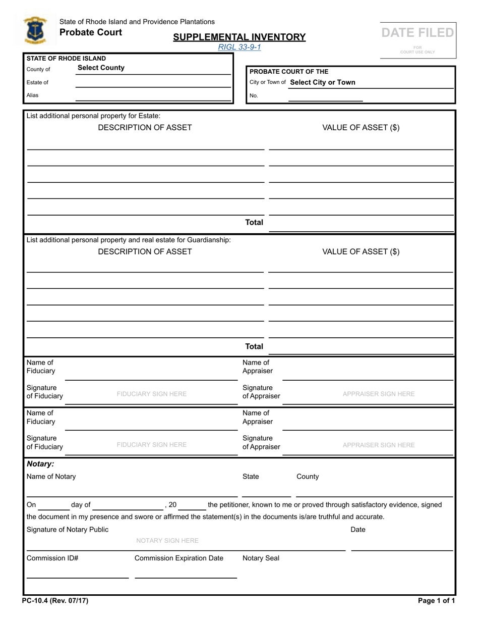 Form PC-10.4 Supplemental Inventory - Rhode Island, Page 1