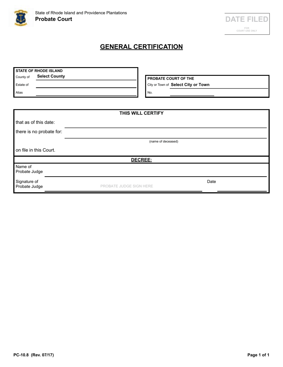 Form PC-10.8 General Certification - Rhode Island, Page 1