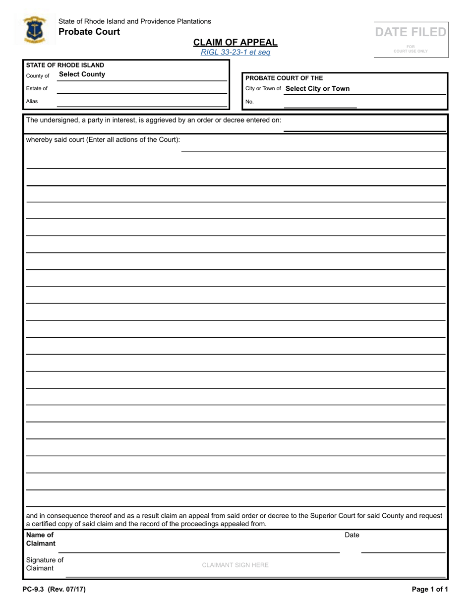 Form PC-9.3 Claim of Appeal - Rhode Island, Page 1