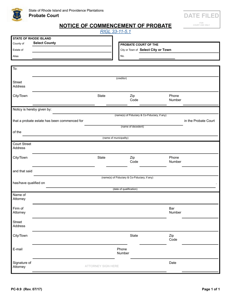 Form PC-9.9 Notice of Commencement of Probate - Rhode Island, Page 1