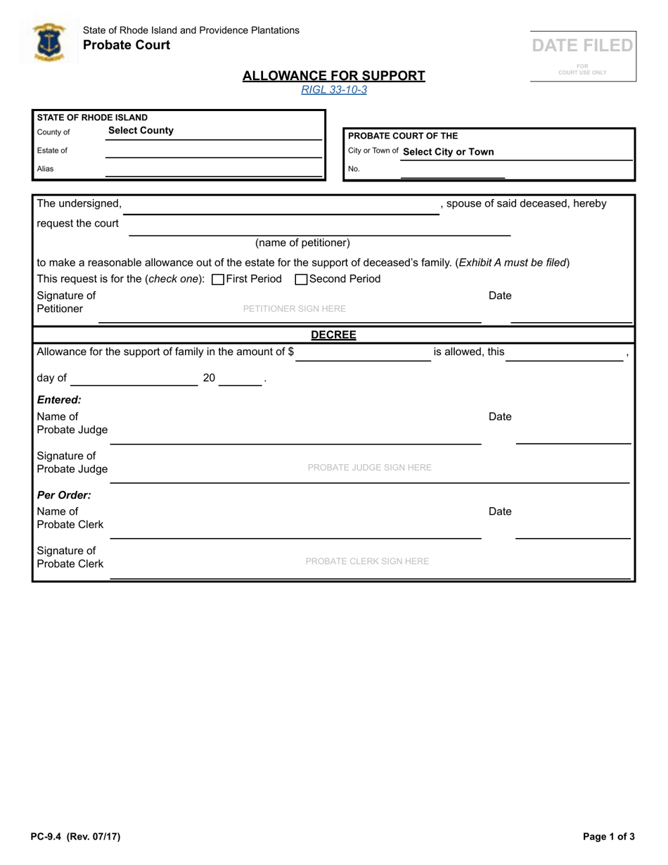 Form PC-9.4 Allowance for Support of Family - Rhode Island, Page 1