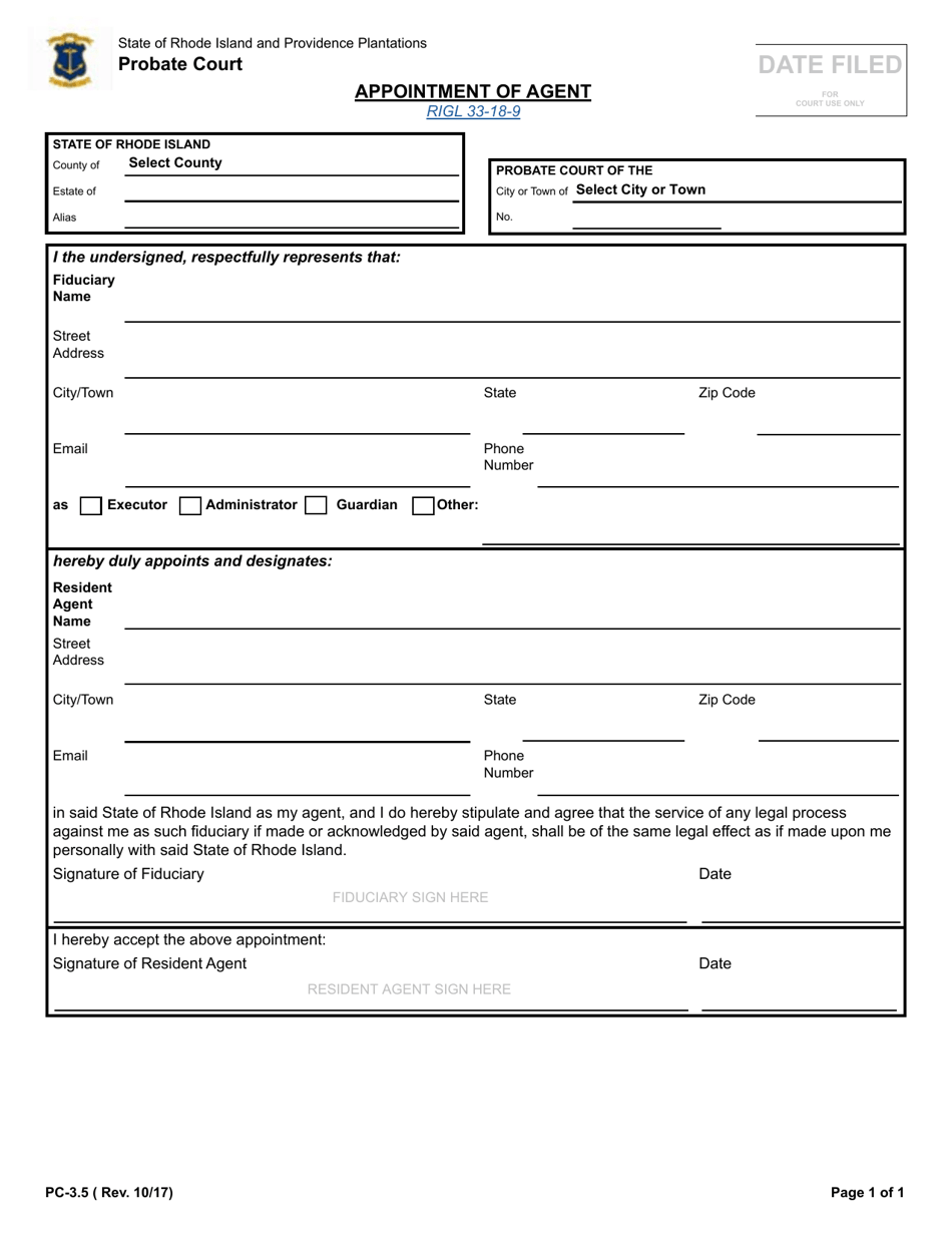 Form PC-3.5 Appointment of Agent - Rhode Island, Page 1