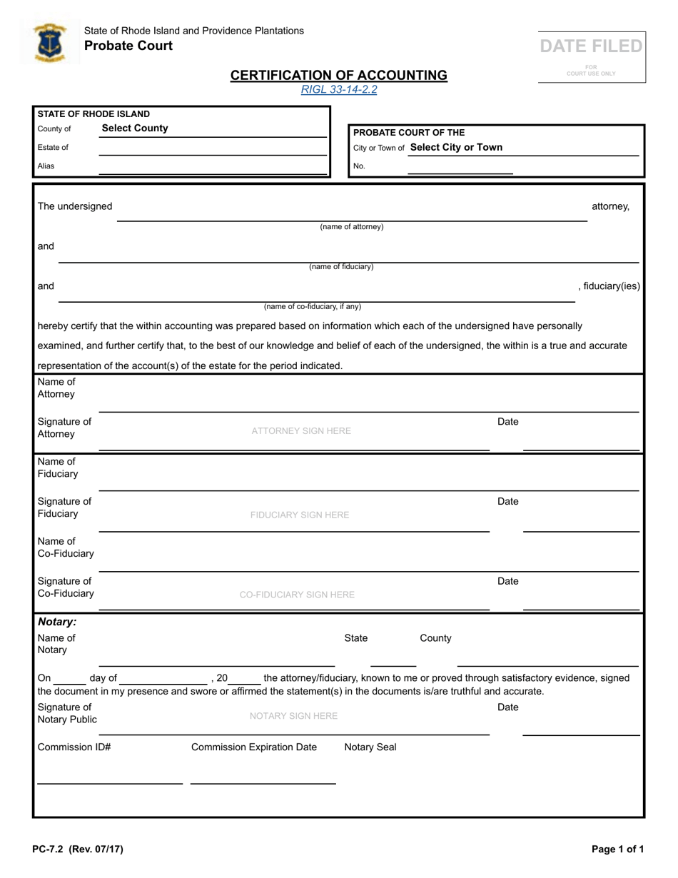 Form PC-7.2 Certification of Accounting - Rhode Island, Page 1